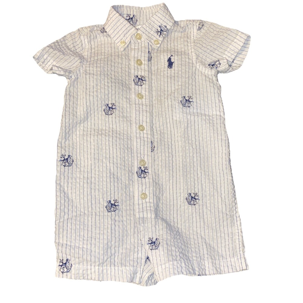 Polo Ralph Lauren Baby Boys Shortall 3 Months Button White Blue Romper
